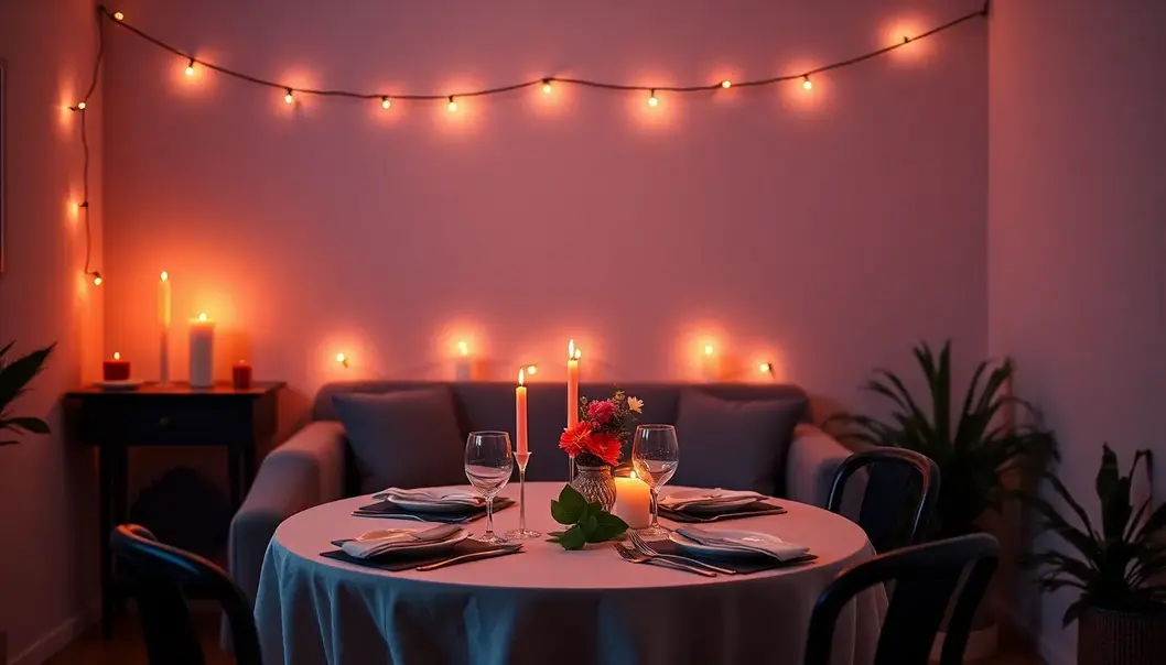 A room with dim, romantic lighting featuring a dining table set for two.
