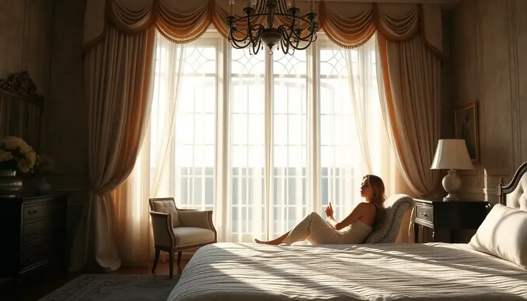 Person enjoying a serene morning routine in an elegantly designed bedroom with soft lighting.