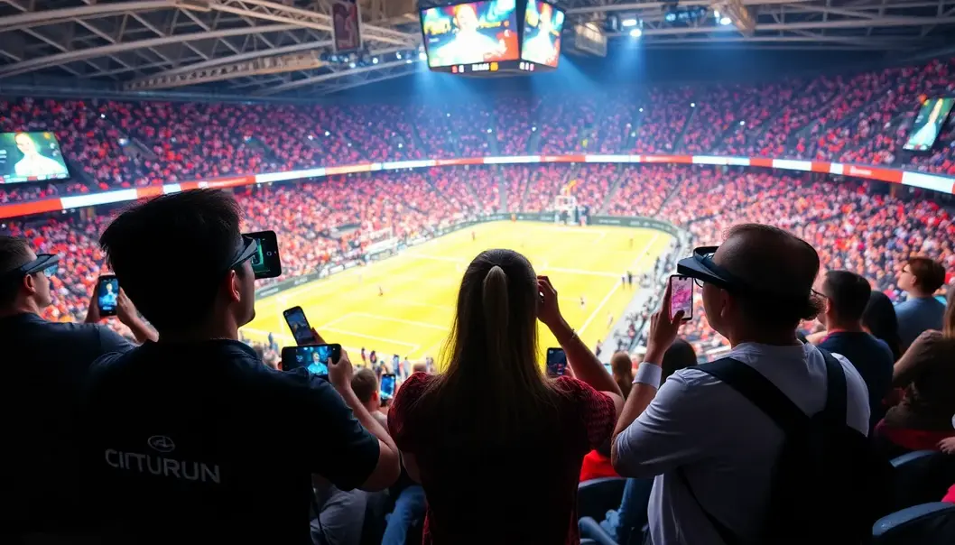 A futuristic sports arena with fans using advanced tech gadgets for an enhanced experience.