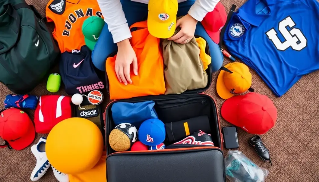 A suitcase with colorful fan gear and travel essentials, organized for travel.