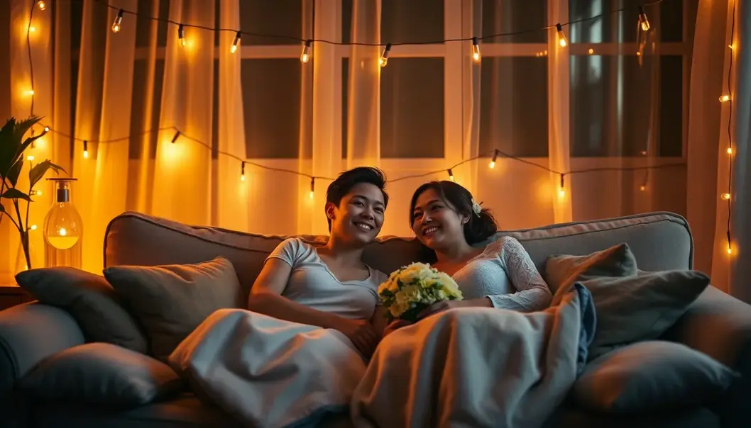 Warm lighting sets the perfect romantic mood for newlyweds.
