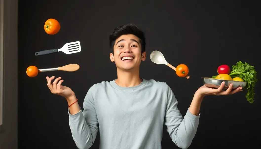 A whimsical illustration of a young adult juggling cooking utensils and produce.
