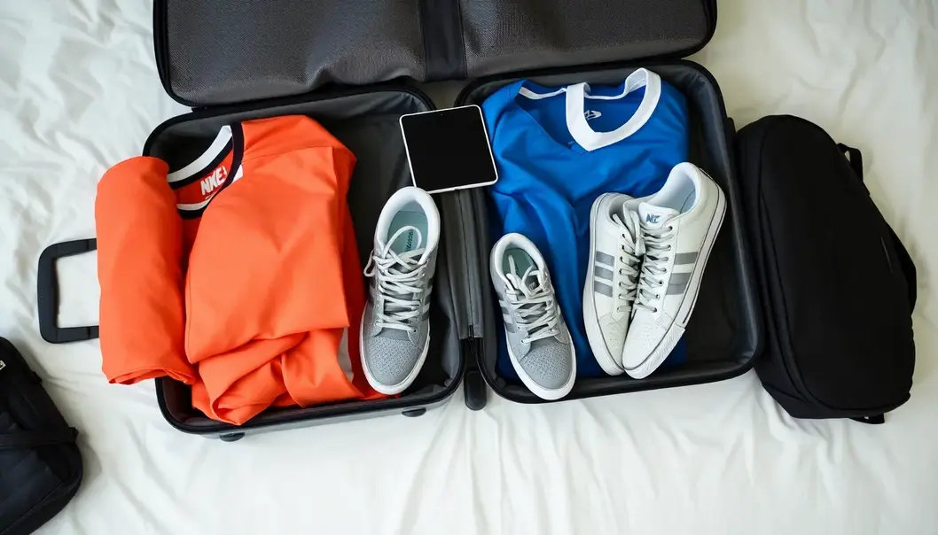 A well-organized suitcase filled with essential sports gear and travel gadgets.