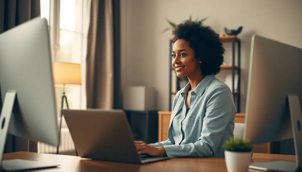 A person attentively participating in a virtual meeting, dressed comfortably in a cozy home office environment.