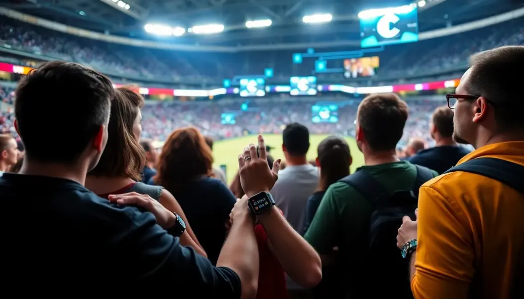 Sports fans engaging with real-time data through wearable technology.